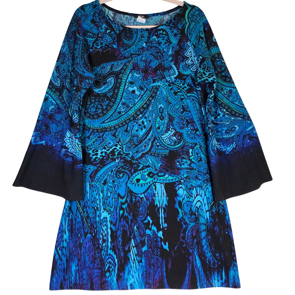 Vtg MSK Womens Large Blue Paisley Bell Sleeve Tunic Dress Blue Teal Boho Leopard